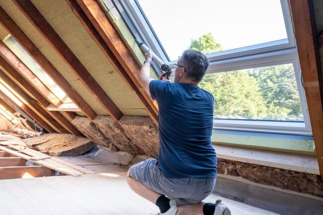 Professional craftsman caulking an attic window to improve home energy efficiency and air sealing.