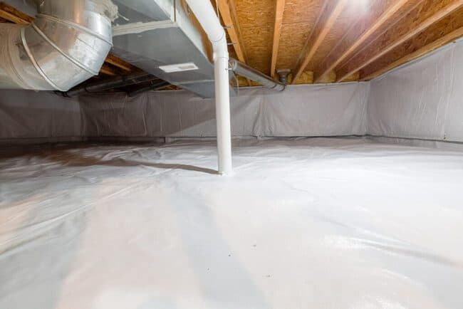 Professional crawl space encapsulation featuring thermoregulatory blankets for enhanced energy efficiency and moisture control.