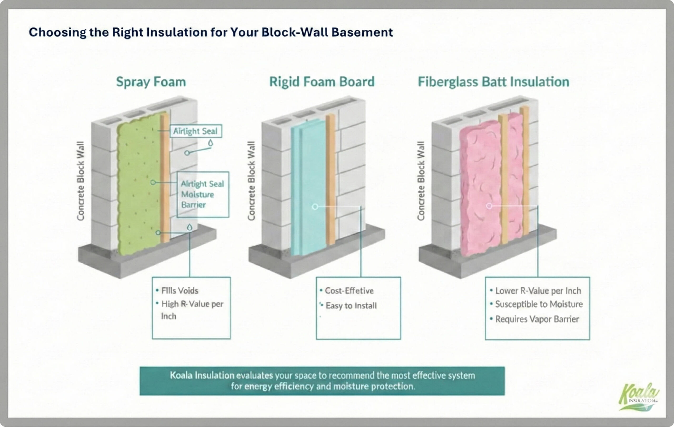 Comparison of spray foam, rigid foam board, and fiberglass batt insulation for concrete block-wall basements, showing moisture barrier and R-value differences.