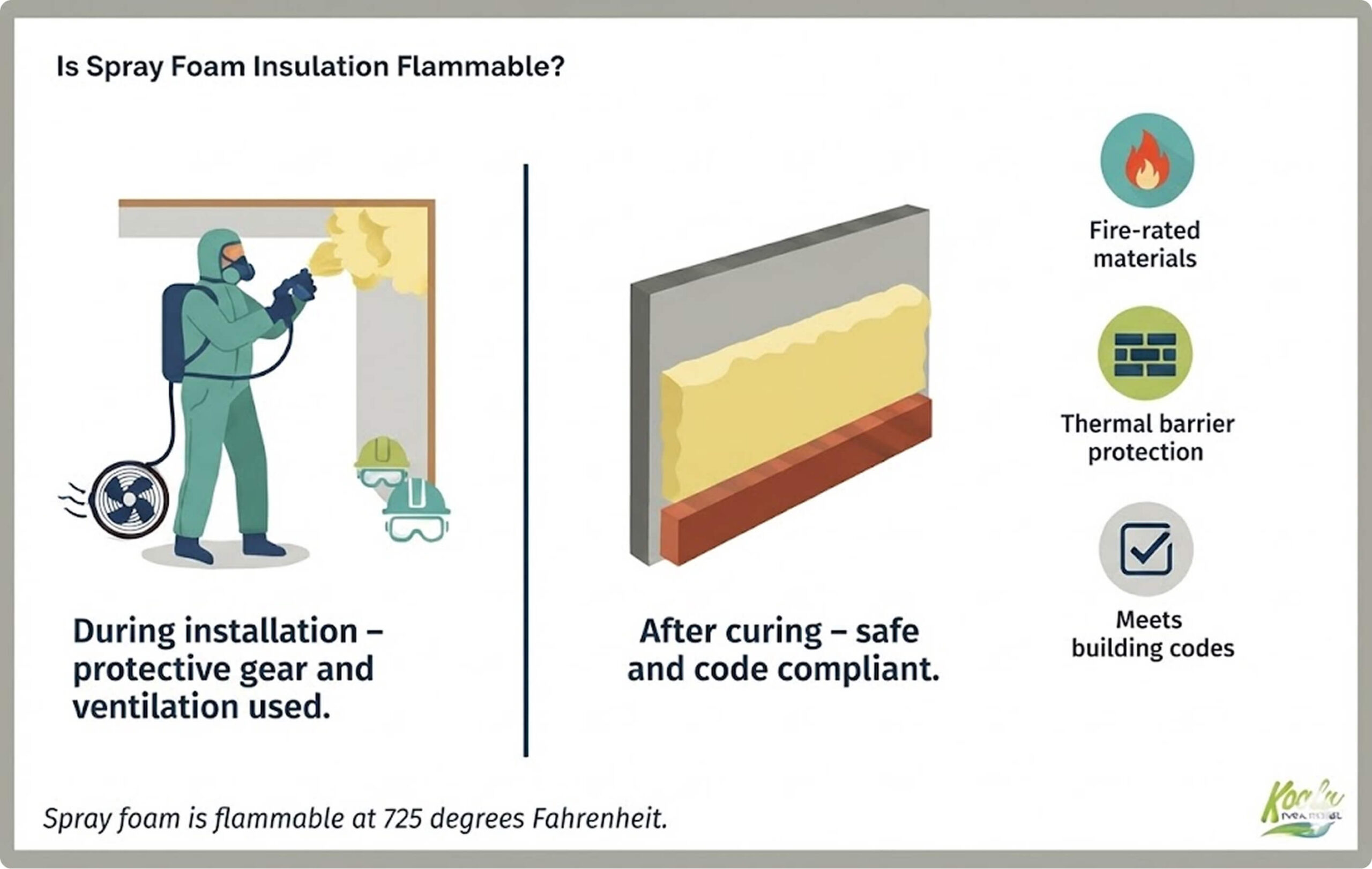 Infographic explaining spray foam insulation fire safety, fire-rated materials, thermal barriers, and building code compliance.