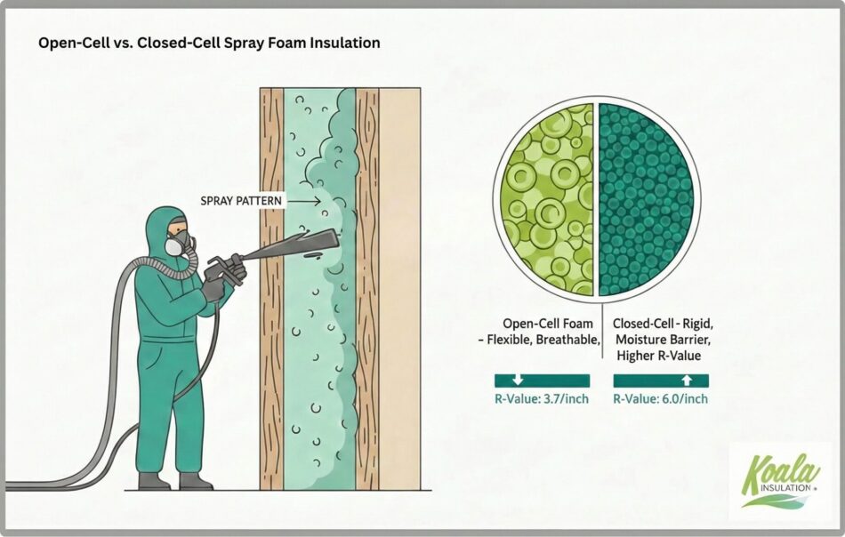 Comparison of open-cell vs closed-cell spray foam insulation showing R-values, moisture barrier properties, and application.