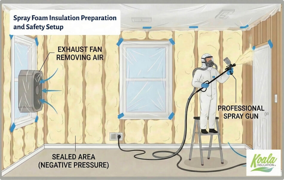 Diagram of spray foam insulation safety setup showing a worker in protective gear, exhaust fan, and sealed negative pressure area.