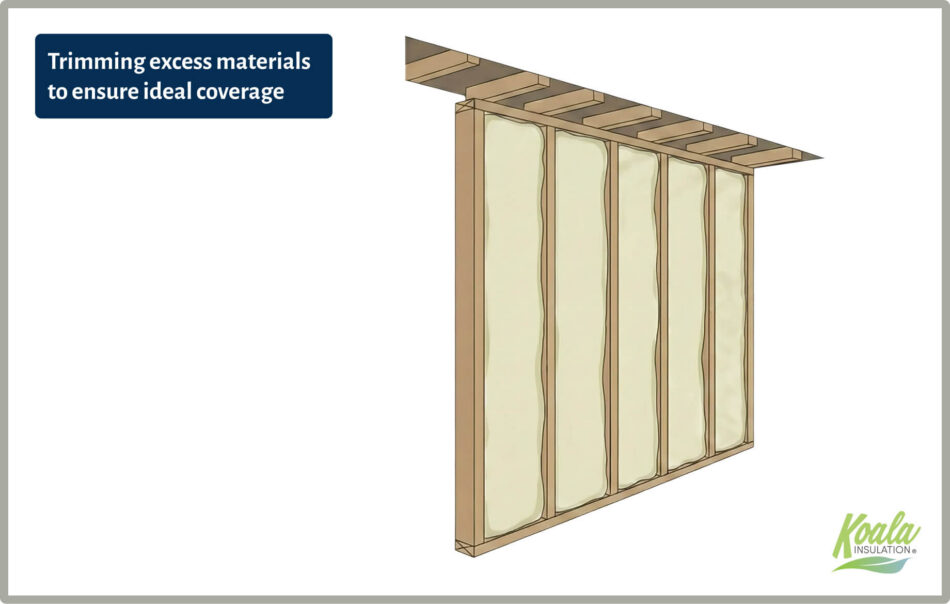 Diagram showing trimming of excess spray foam insulation in wall studs for a finished, flush surface.