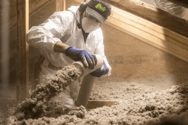 Worker in protective gear installing blown-in insulation in an attic using a large hose, wearing a Koala-branded hat and face mask.