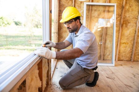 A contractor properly seals a window frame.