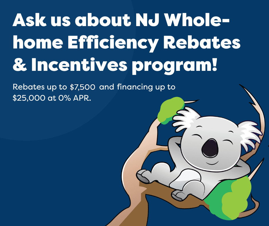Professional insulation rebate graphic for New Jersey Natural Gas SAVEGREEN program offering up to $7,500 in savings for home energy efficiency improvements.